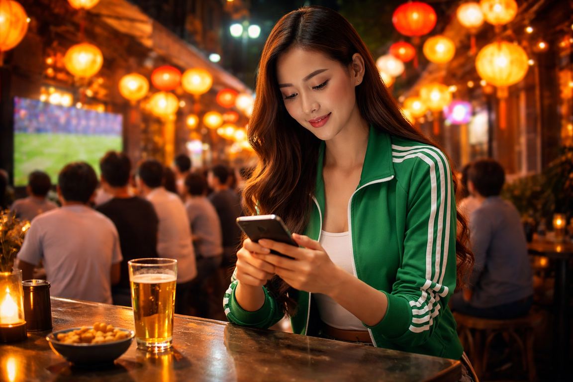 Cảnh phố đèn lồng Hà Nội về đêm với người dùng đặt cược bóng đá trên điện thoại di động