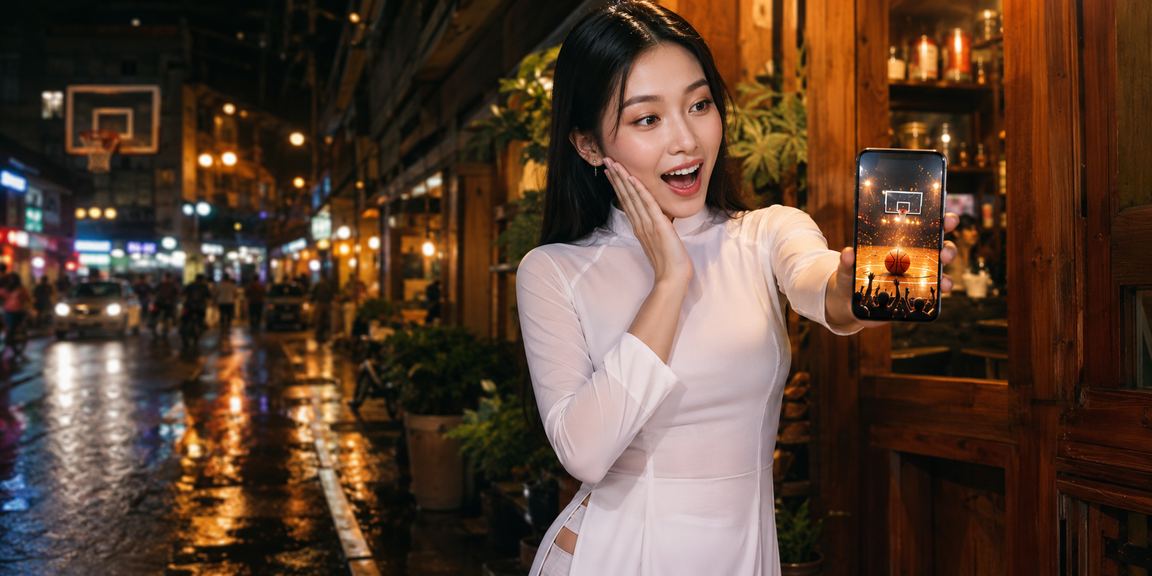 Người phụ nữ mặc áo dài tại TP. Hồ Chí Minh theo dõi cá cược bóng rổ NBA trên điện thoại di động