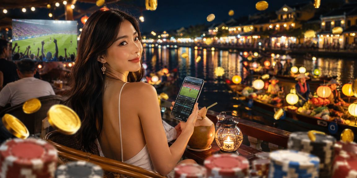 Người dùng xem kèo cá cược thể thao tại quán cà phê Hội An trên điện thoại